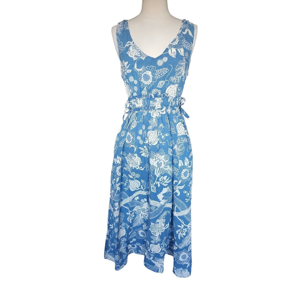 Faherty Sandbar Maxi Dress Womens L Organic Cotton Blue Floral Resort Coastal